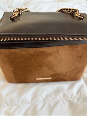 Rachel Zoe Brown Faux Suede and Brown Faux Leather Chain Toiletry Bag